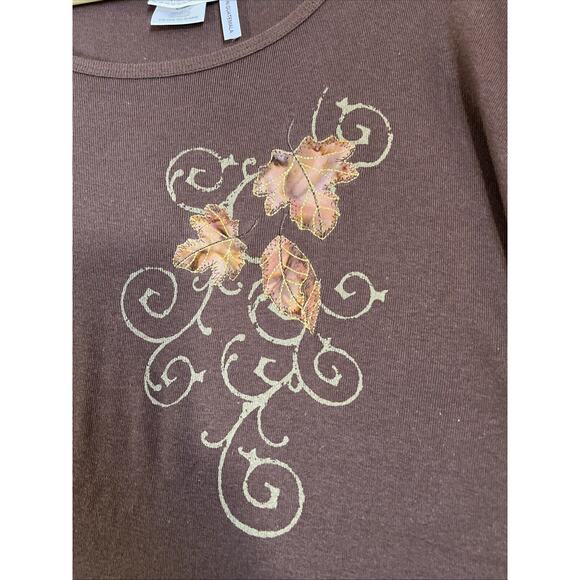 Morning Sun Tee 3X Brown 1/2 Sleeve Cotton Top Fall Leaves Embroidered Sparkle - Picture 3 of 9